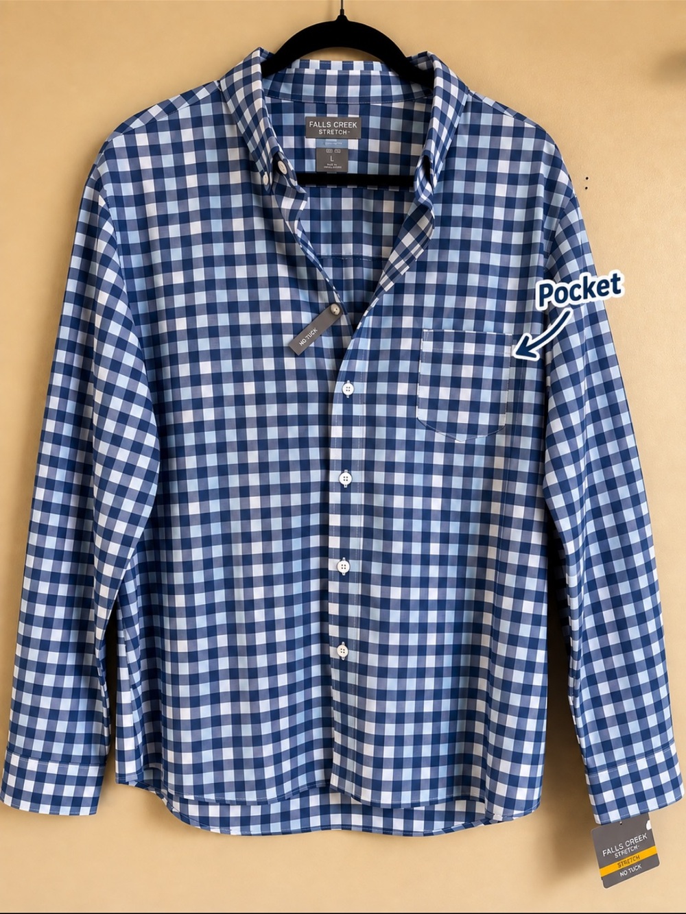 Falls Creek Men’s Large Blue Gingham No Tuck Stretch Button-Down Shirt NWT